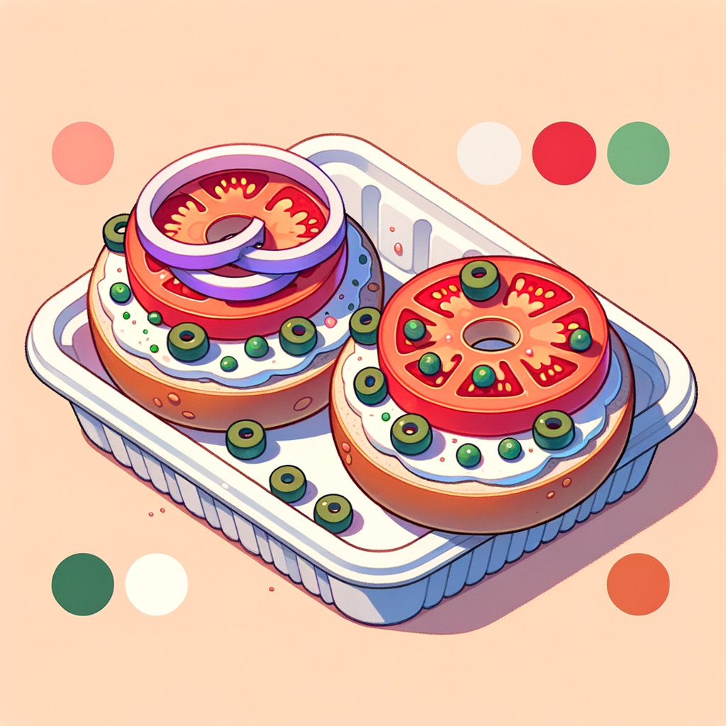 Two toasted bagel halves spread with white cream cheese, each topped with bright red tomato slices, concentric rings of purple-red onion, and scattered green capers, arranged side by side on a white disposable container