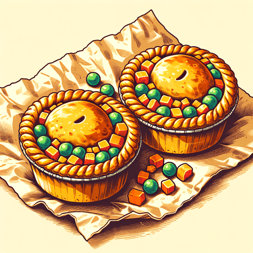 Two golden-brown handheld turnover pies with flaky pastry crust, each filled with visible chunks of dark meat chicken and mixed vegetables like peas and carrots, laid on crumpled parchment paper.