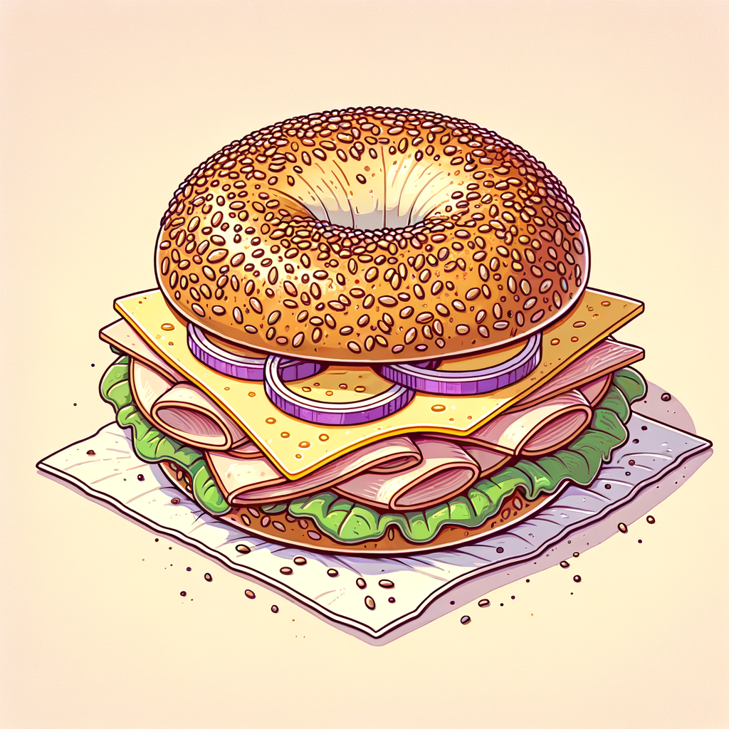 A cross-section view of a seeded multigrain bagel sandwich filled with layers of sliced turkey breast, melted pale-yellow cheese, green leaf lettuce and thin red onion rings, resting on white parchment paper.