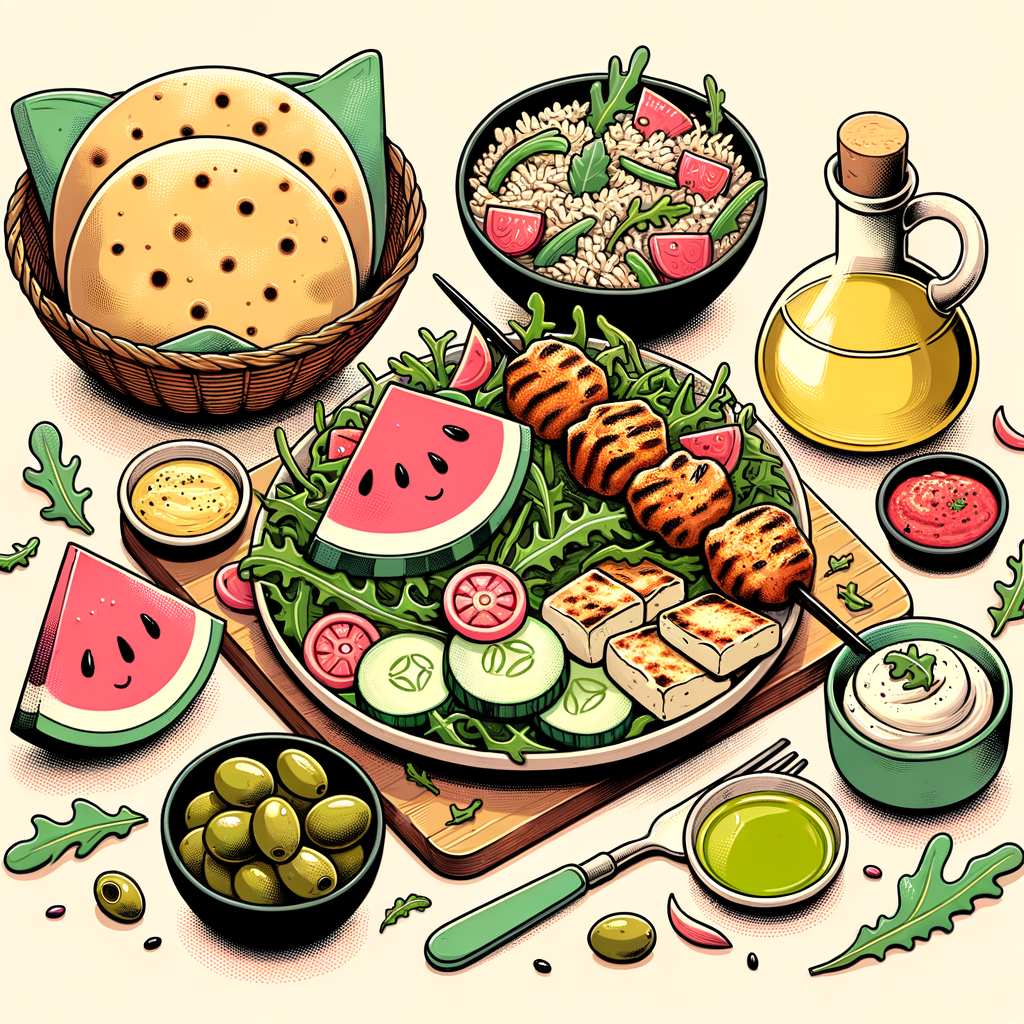 A green bowl of peppery arugula tossed with cucumber slices and watermelon wedges sprinkled with sumac, topped with golden-fried halloumi, placed next to a basket of warm pita rounds and small dishes of olive oil, green olives and zaatar; beside it, a gray plate of yellow seasoned rice crowned with charred chicken kebab pieces, mixed salad greens, pickled red onions and a dollop of creamy white labneh.