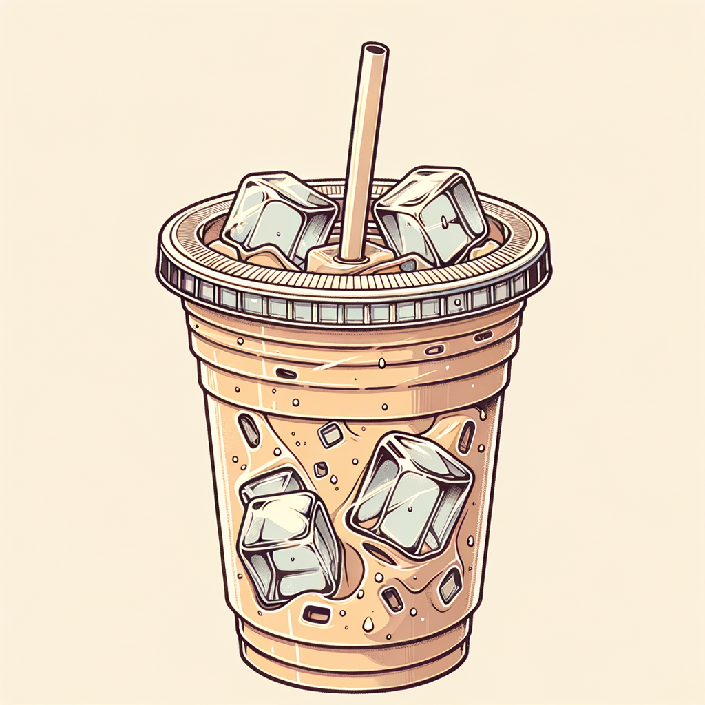 A clear plastic cup filled with ice cubes and pale brown cold coffee, condensation visible on the cup, sealed with a plastic lid and straw.