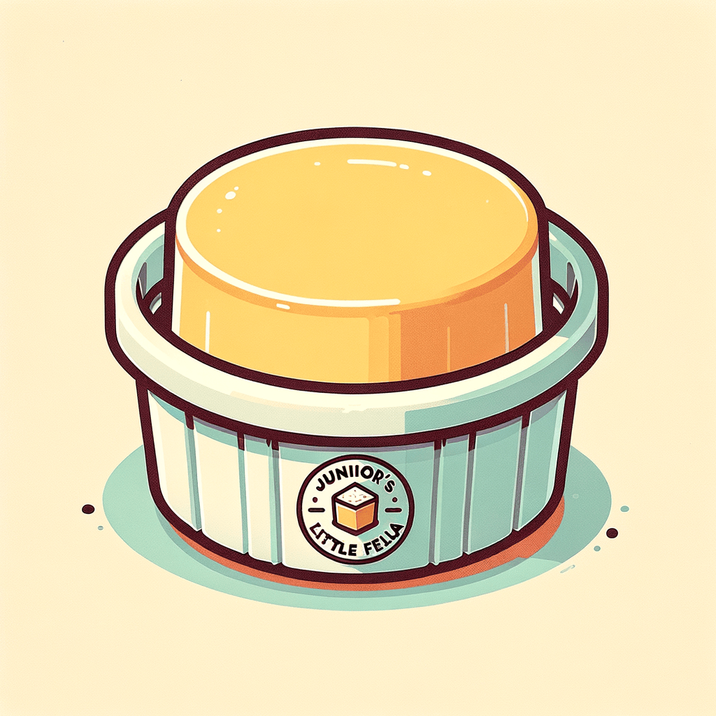 A small round cheesecake with a smooth, pale yellow top and creamy interior, sitting on its white plastic container base printed with the Junior’s Little Fella logo.