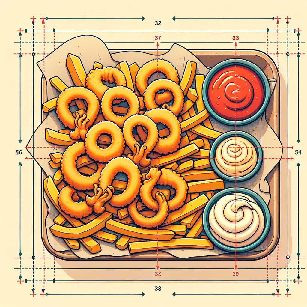 A paper serving tray filled with golden-brown fried calamari rings on top of thin crispy fries, with small ramekins of red marinara sauce and white aioli sauce on the tray.