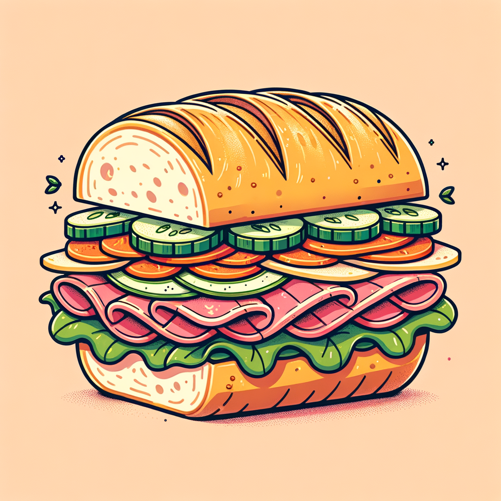 A halved baguette sandwich showing layers of thinly sliced meats, shredded pickled carrots and daikon, cucumber slices, and green leafy herbs inside a golden crusty roll.