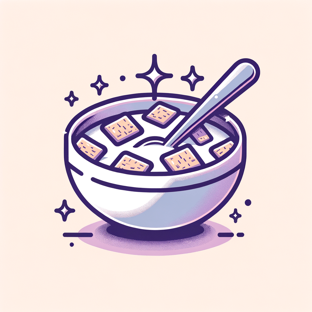 A white bowl containing square wheat cereal pieces submerged in milk with a metal spoon, illuminated by soft purple light.