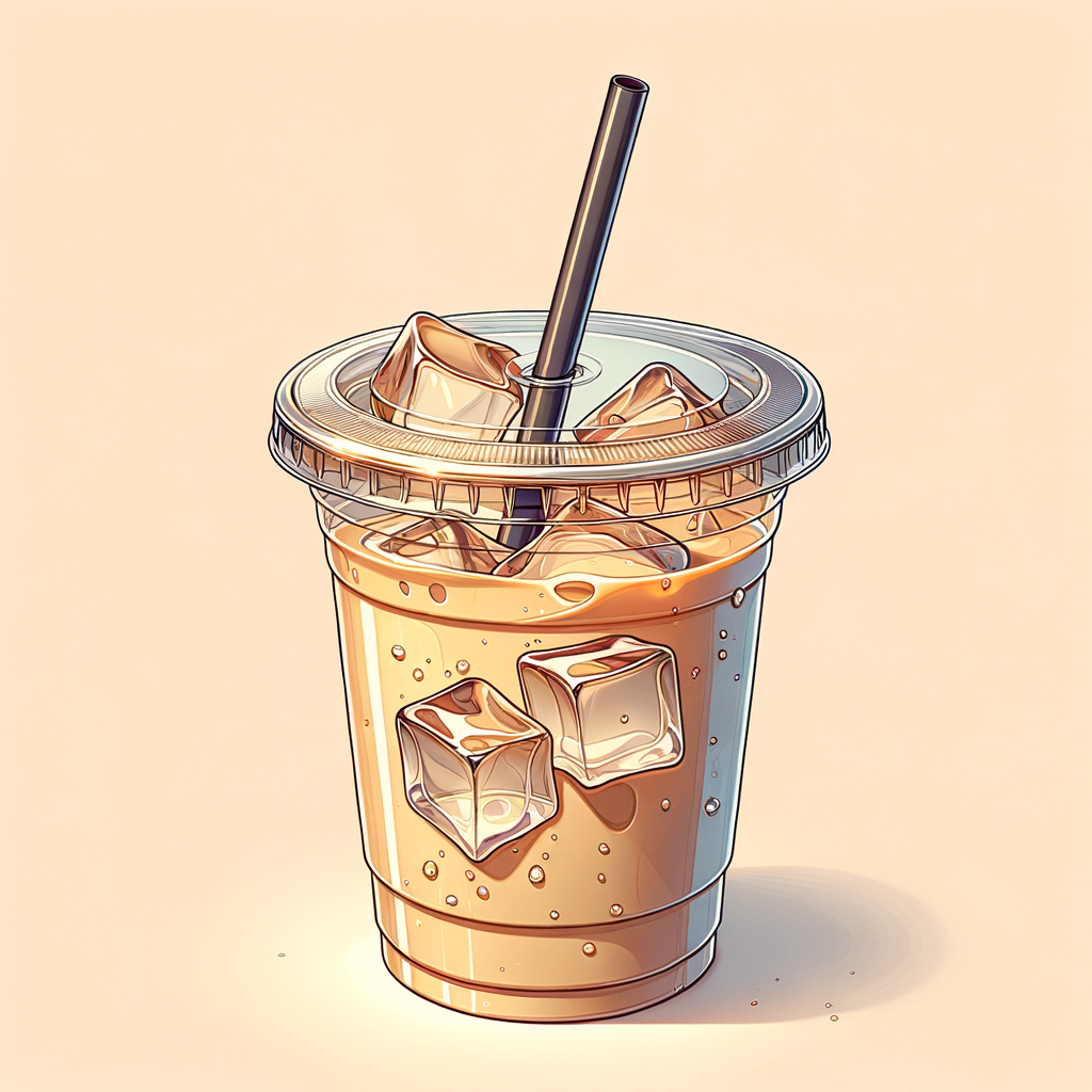 A clear plastic cup filled with light tan iced coffee and visible ice cubes, topped with a transparent plastic lid and a black straw, with droplets of condensation on the outside of the cup.