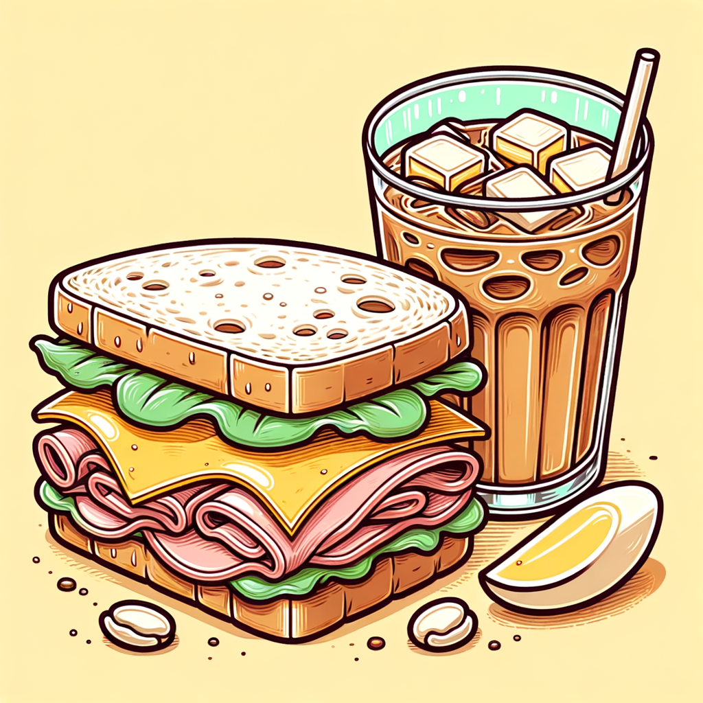 A fresh ciabatta sandwich cut in half, showing layers of sliced turkey, ham, melted cheddar cheese, and crisp lettuce, accompanied by a clear glass half-filled with light brown iced coffee.