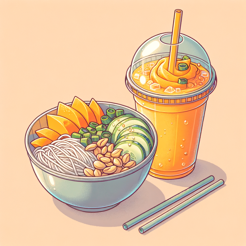 A stainless steel bowl filled with cold pale wheat noodles, topped with julienned cucumber strips, diced cooked chicken, roasted peanuts, chopped green onions, and a dollop of red chili oil; alongside it a clear plastic dessert cup labeled 'Mango Mango' containing layers of bright orange mango puree and crushed ice, fitted with a dome lid and thick straw.