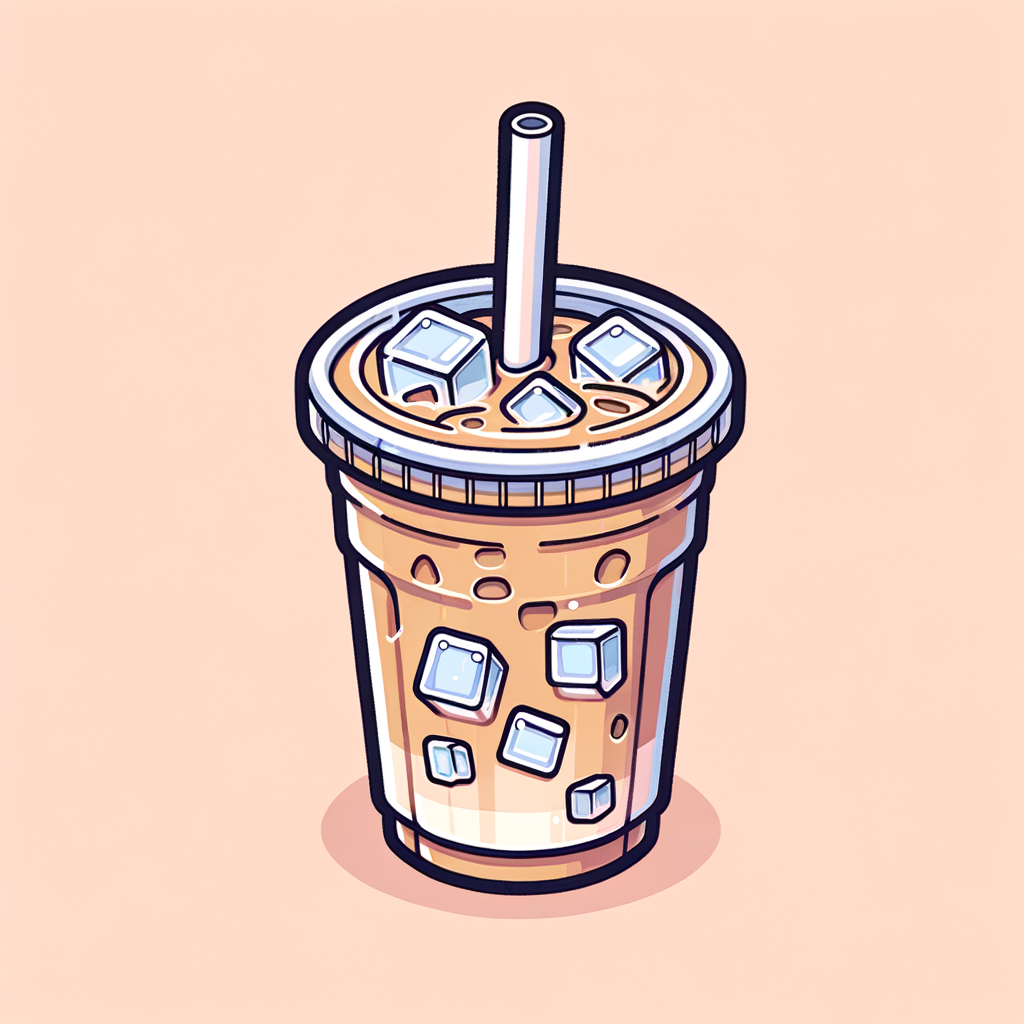 A clear plastic cup filled with light brown iced latte, visible ice cubes suspended in the milk-coffee mixture, topped with a thin layer of foam, sealed with a transparent plastic lid and a white straw inserted through the center.
