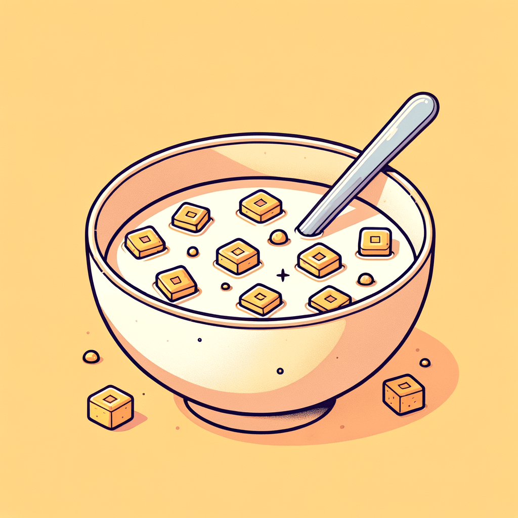 A neutral-colored bowl filled with white milk, golden square cereal pieces floating, interspersed with small yellow fruit chunks, a spoon resting inside.