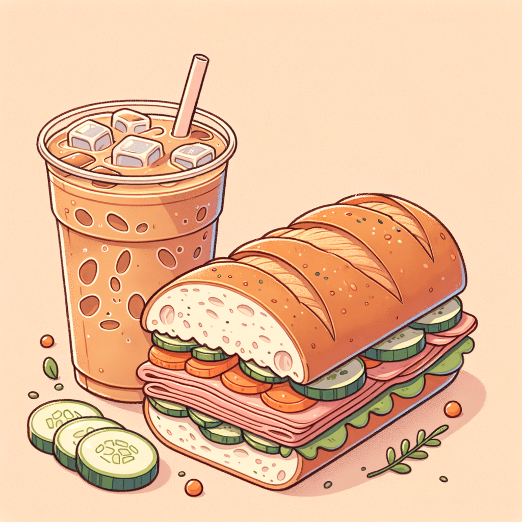 A crusty baguette sandwich cut in half, stuffed with layers of thinly sliced meat, shredded carrots, cucumber slices, and herbs, accompanied by a clear plastic cup of iced coffee with light brown liquid and ice cubes.