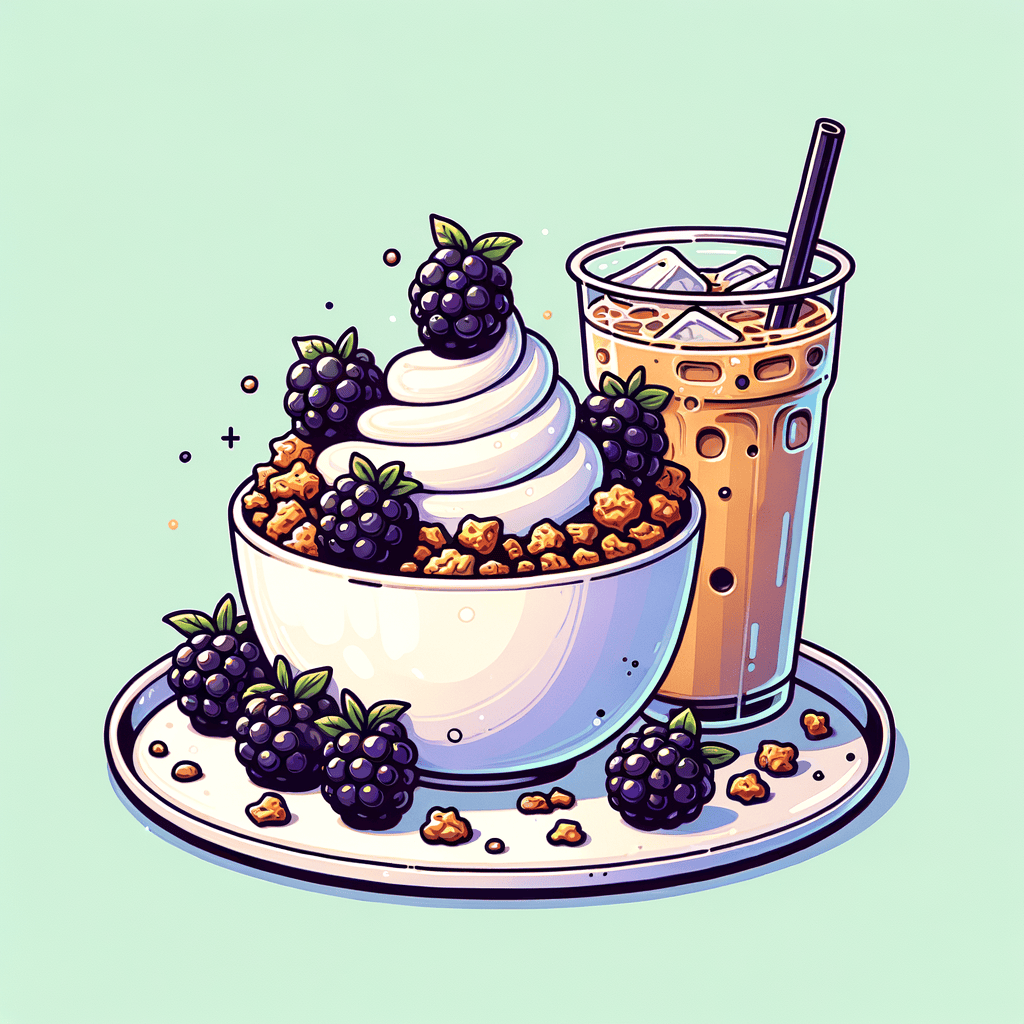 A white ceramic bowl filled with creamy plain yogurt, topped with clusters of golden-brown granola and five plump blackberries; alongside it, a clear plastic cup of iced coffee with a black straw.