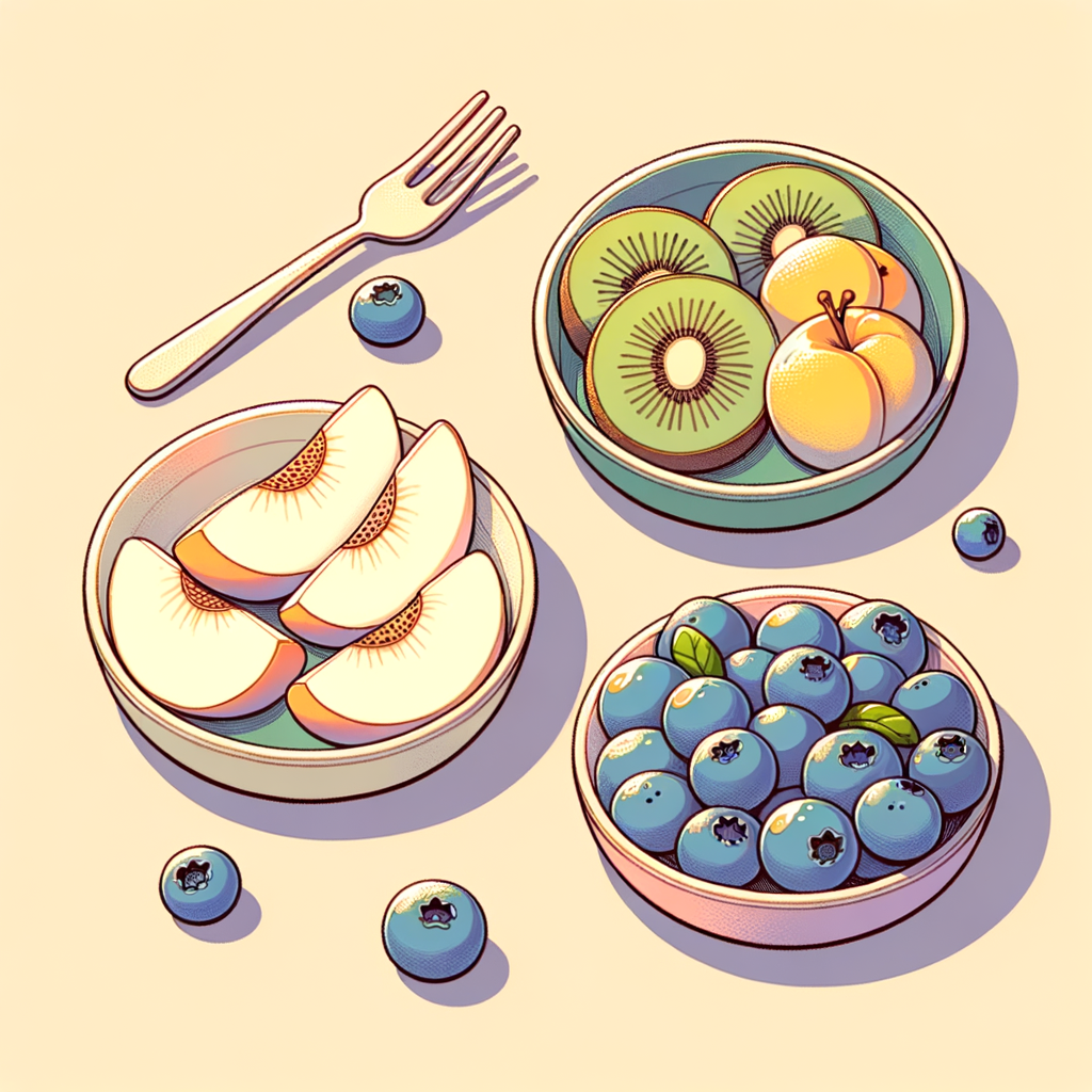 Three small ceramic plates each arranged with fresh fruit: wedges of white peach, rounds of golden kiwi, and clusters of blueberries, with a small fork on one plate.