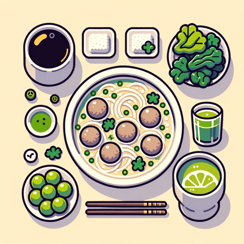 An overhead view of a meal featuring a white bowl of clear broth soup containing translucent glass noodles, several pork meatballs, chopped green onions and cilantro; accompanied by a small white plate of steamed bok choy, a gray bowl of green grapes, a ceramic cup of matcha tea, and a tall glass of iced coffee.