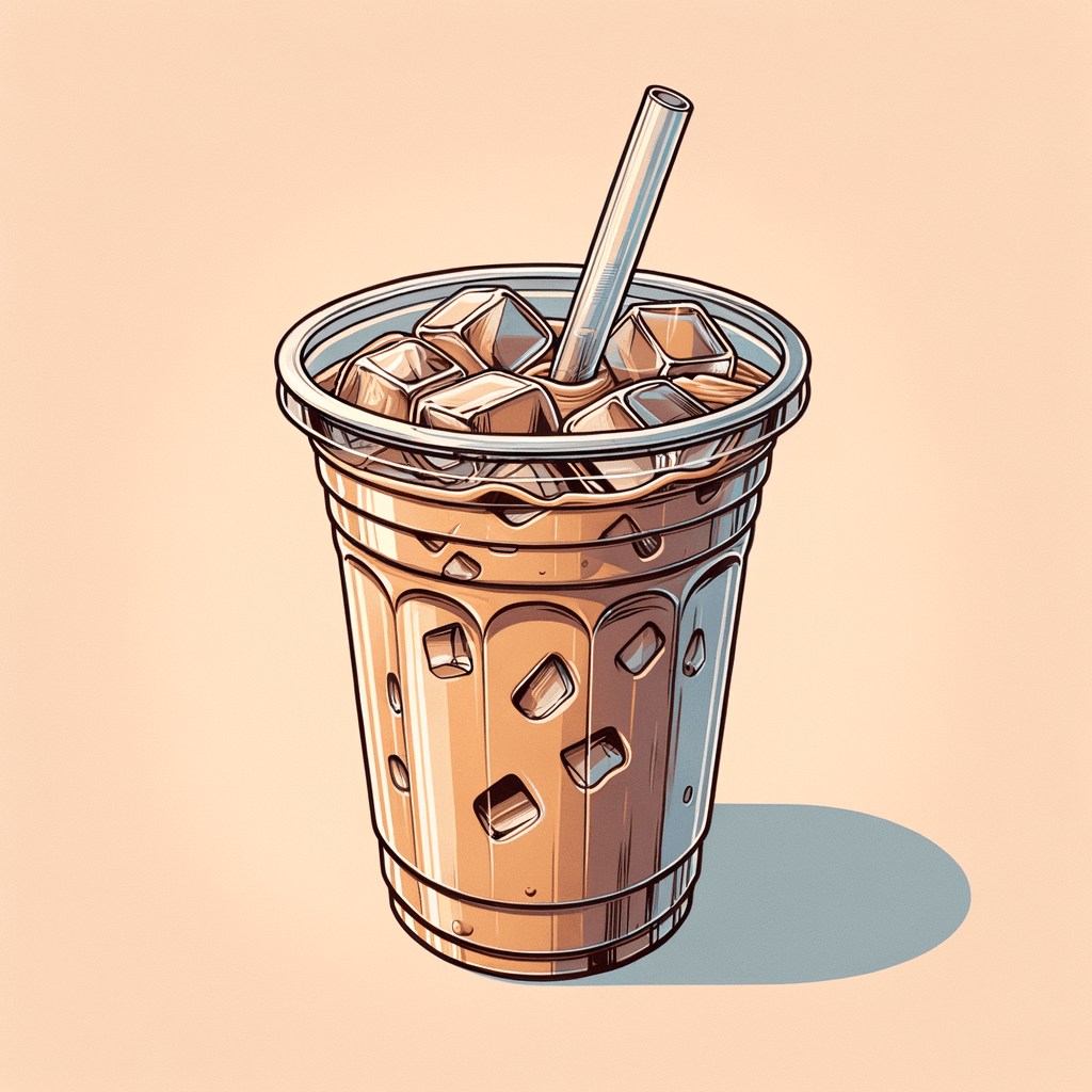 A clear plastic cup filled with light brown iced coffee and ice cubes, topped with a transparent lid and a straw, showing condensation on the outside of the cup.