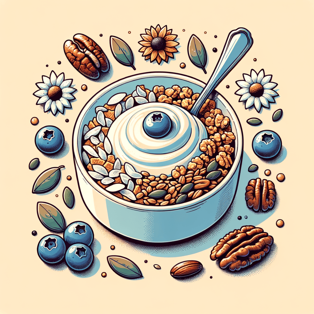 A white ceramic bowl filled with creamy white yogurt topped with golden clusters of granola, toasted coconut flakes, pumpkin seeds, sunflower seeds, pecan halves and plump fresh blueberries, with a silver spoon resting in the mixture.