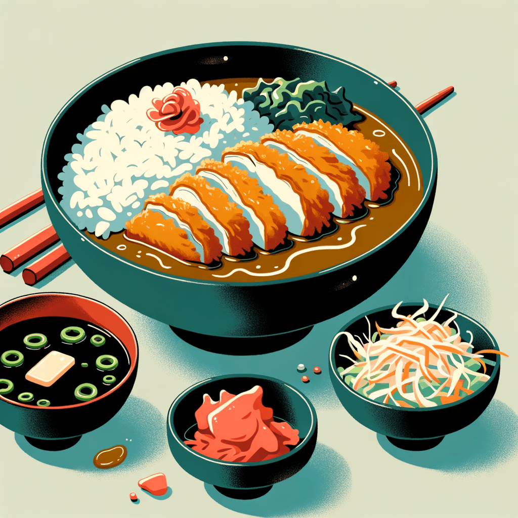 A black bowl of Japanese chicken katsu curry with golden-brown sliced breaded chicken on a bed of white rice, dark curry sauce poured around, garnished with red pickled ginger; beside it, a small dish of finely shredded cabbage salad and a red-lacquered bowl of miso soup with green onions and carrot pieces.