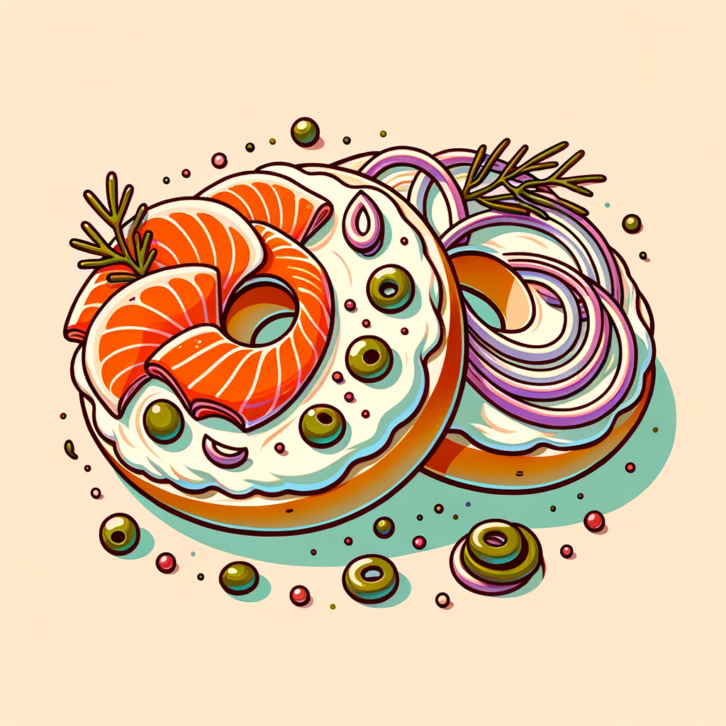 Two bagel halves spread with white cream cheese, topped with vibrant orange smoked salmon slices, translucent red onion rings, scattered green capers, and sprigs of fresh dill.