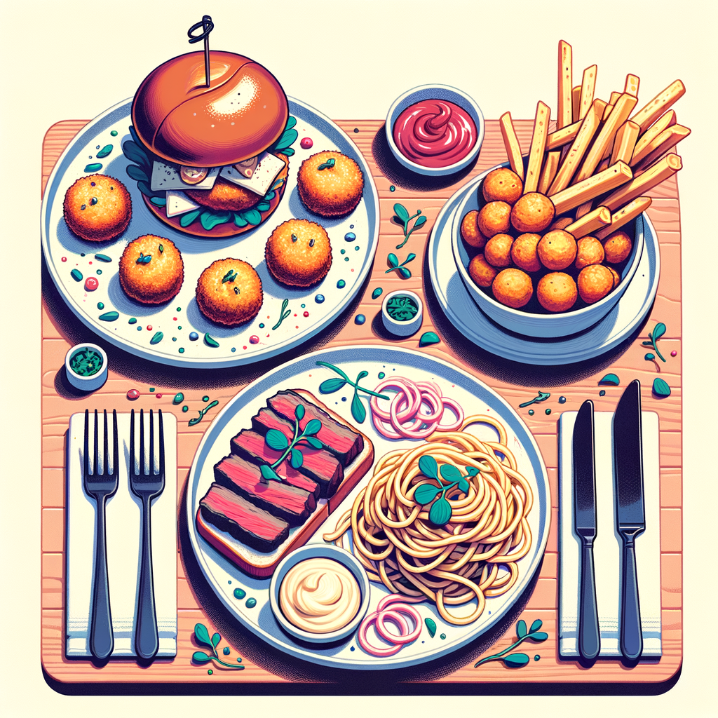 A trio of restaurant dishes on a wooden table: several golden crab croquettes atop a swirl of white sauce garnished with pickled onions and microgreens; a brioche bun sandwich with a crispy fried chicken fillet peeking out, next to a heap of bite-sized tater tots and a small cup of ketchup; and two white plates, one piled with spaghetti tossed in oil and greens, the other with sliced medium-rare steak beside a metal cup of fries.