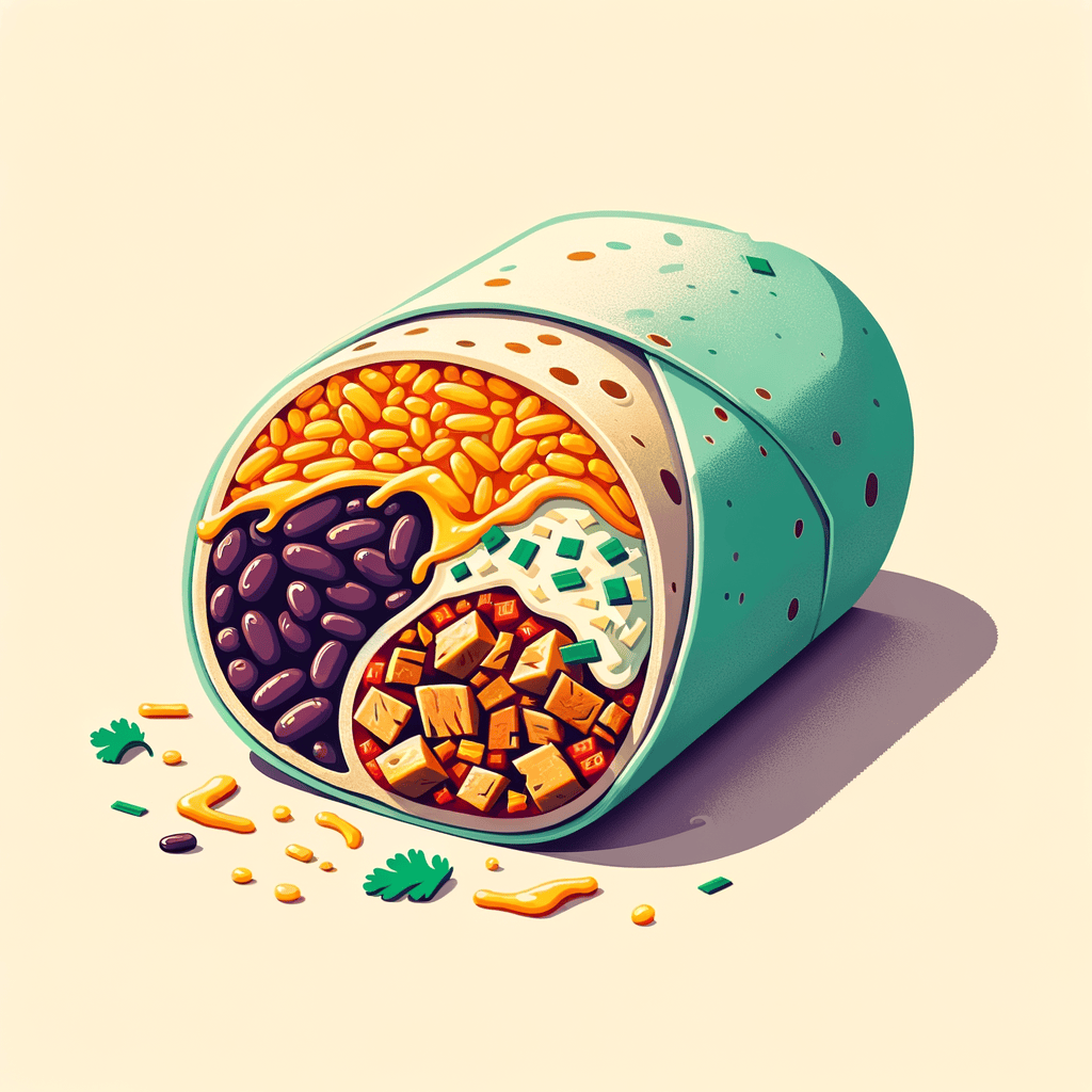 A partially unwrapped flour tortilla burrito showing a cross-section of shredded spicy pork, black beans, orange rice, melted pepper jack cheese, and bits of cilantro, with the torn green wrapper below.