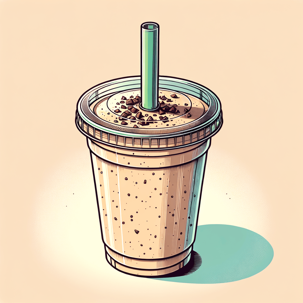 A clear plastic cup filled with a thick beige smoothie flecked with tiny cacao nib specks and visible date fibers, topped with a clear lid and a wide green straw.