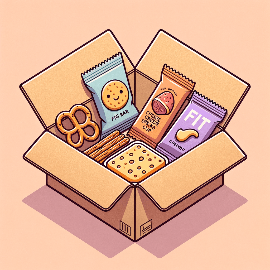An open cardboard snack box displaying a small bag of mini pretzel twists, a wrapped fig bar, a foil-sealed cheese spread cup, a pepperoni snack stick, and a packet of purple-labeled chips.
