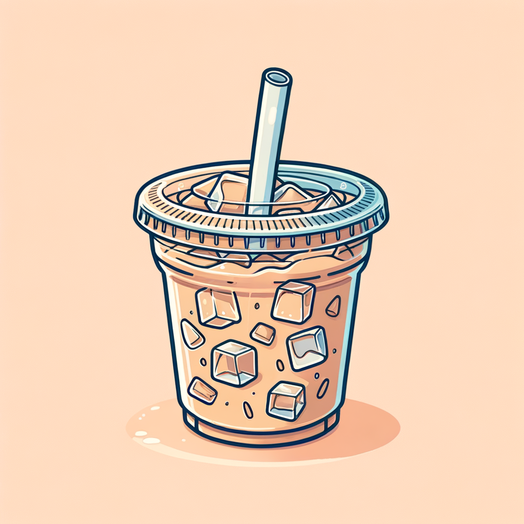 A clear plastic cup filled with light brown iced coffee over ice cubes, topped with a clear plastic lid and a white straw, condensation on the cup.