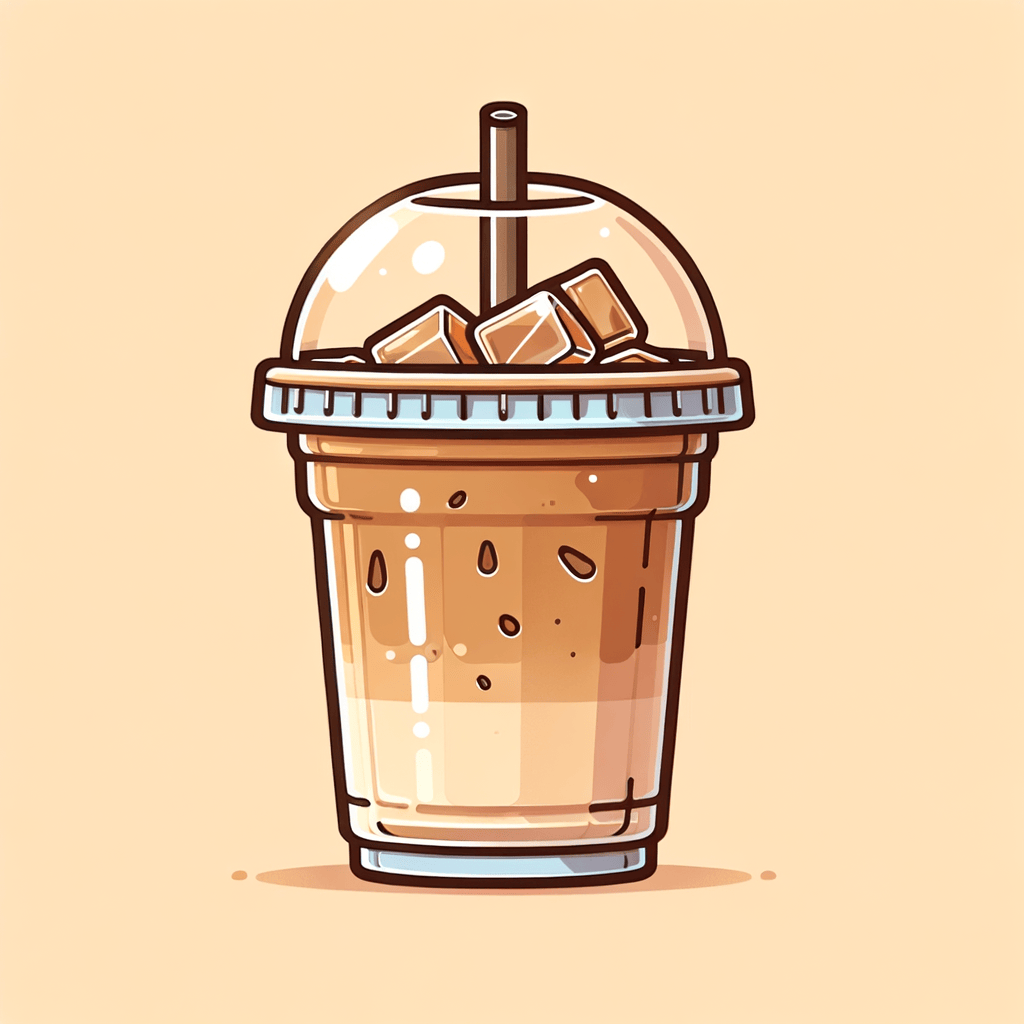 A transparent plastic cup containing a light brown iced latte, with distinct layers of milk at the bottom and espresso above, and several ice cubes floating on top.