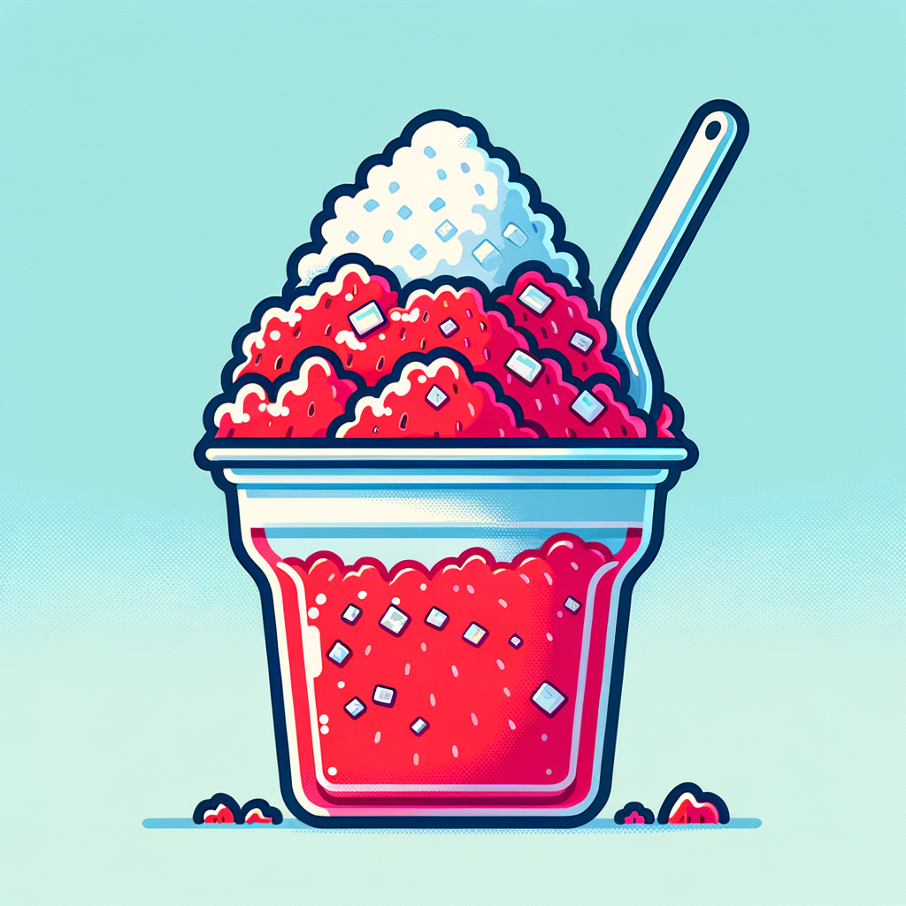 A clear plastic cup heaped with bright red strawberry shaved ice, with visible ice crystals and a white plastic spoon tucked into the icy mound.