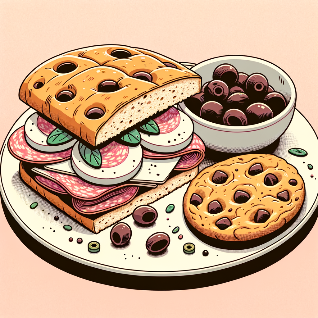 A half-cut focaccia sandwich layered with thinly sliced salami, fresh mozzarella slices, and dark olive tapenade, next to a partially eaten golden-brown chocolate chip cookie on a plate.