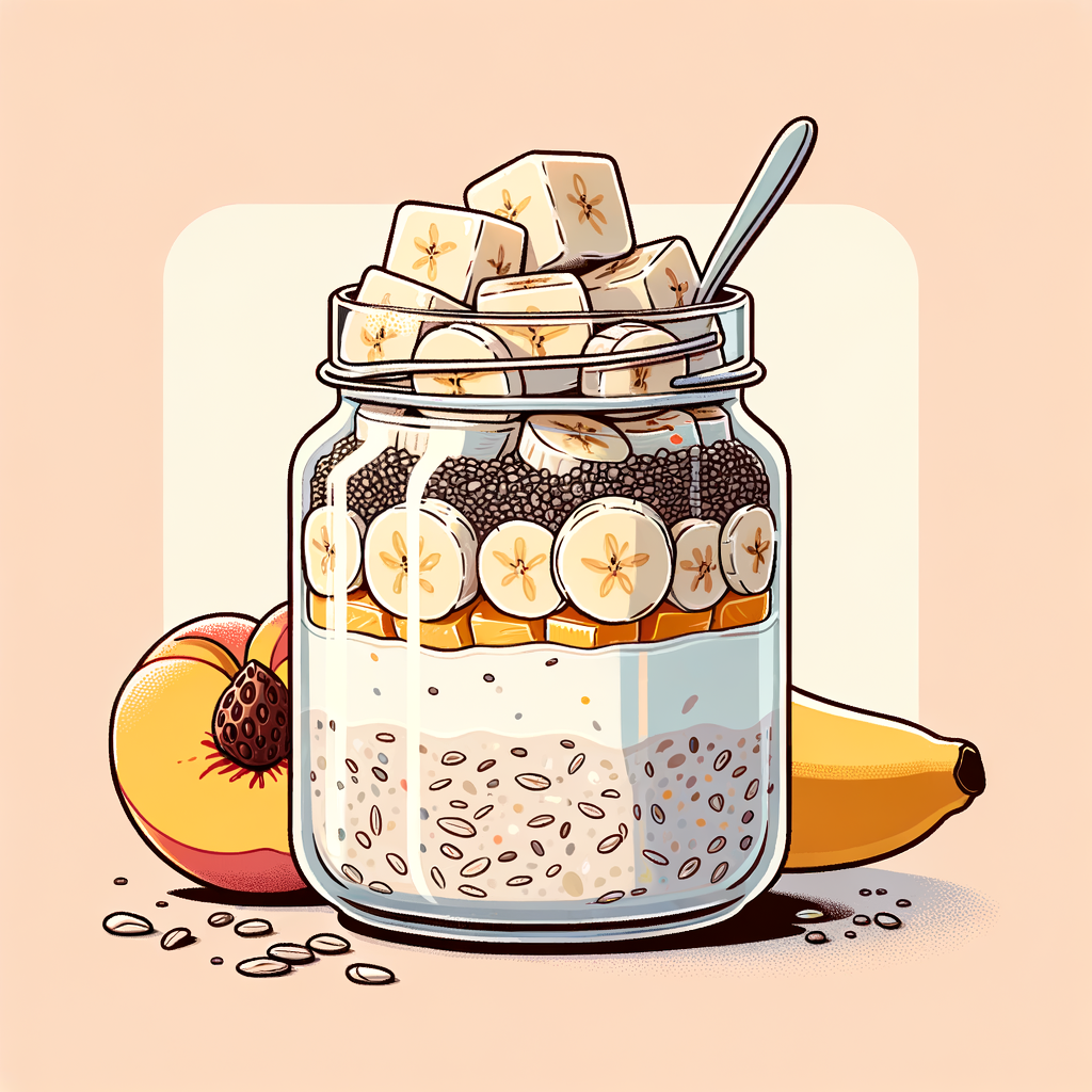 A clear glass jar filled with creamy overnight oats mixed with visible chia seeds, topped with neat slices of banana and small cubes of ripe peach, showing the textured layers of oats, yogurt, and fruit.
