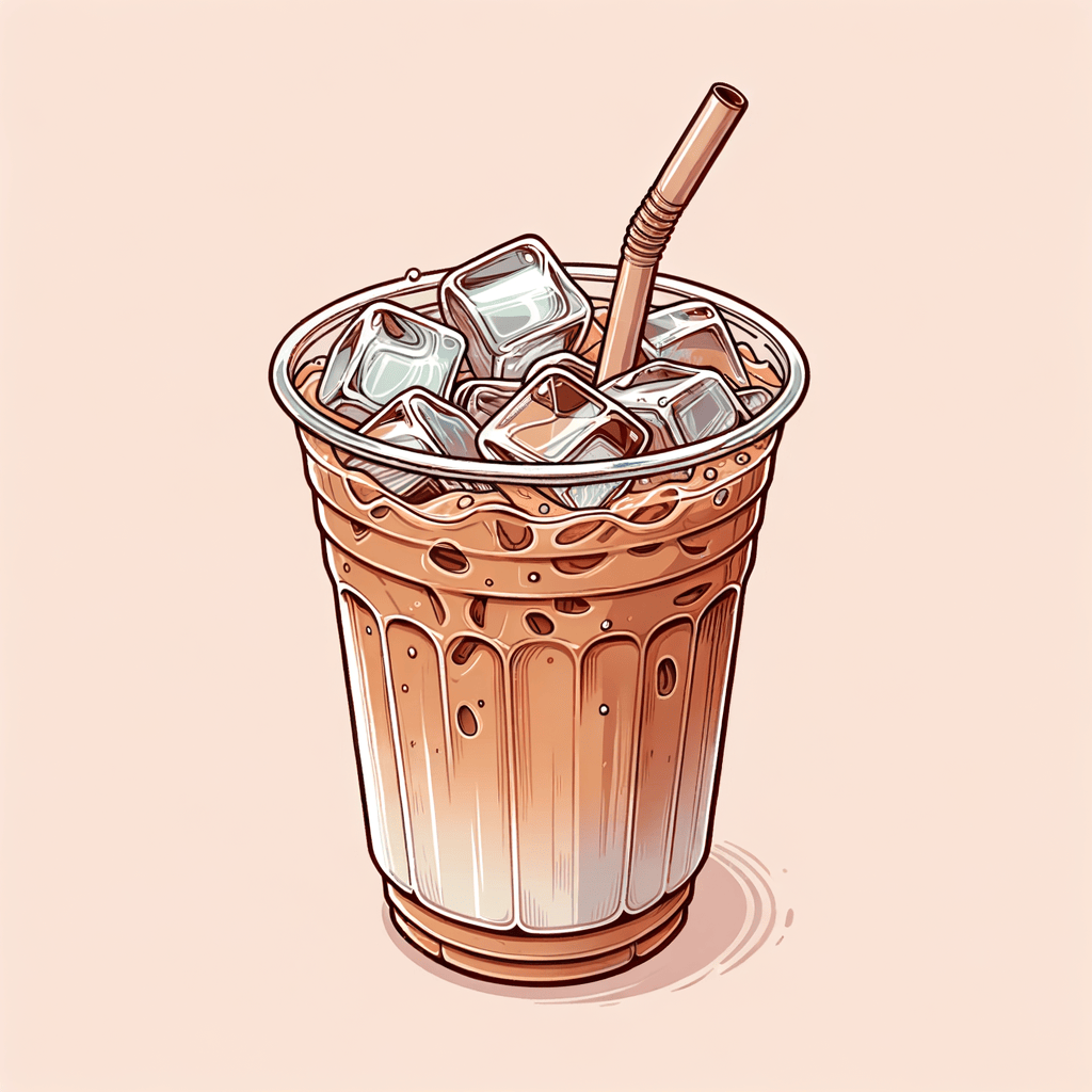 Clear plastic cup filled with light brown iced latte over ice cubes with visible condensation on the cup.