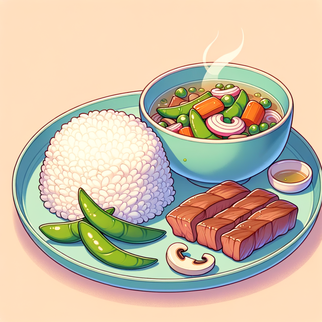 A round ceramic plate featuring a mound of fluffy steamed white rice next to two seared beef slices, accompanied by a vibrant stir-fry of snap peas, shimeji mushrooms, and sliced red onion; alongside is a small bowl of clear broth with thin carrot strips.