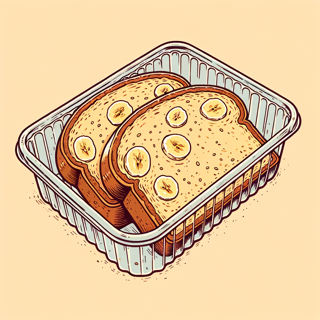 Two thick slices of banana bread with a golden-brown crust and visible banana flecks, placed side by side in a clear plastic clamshell container.