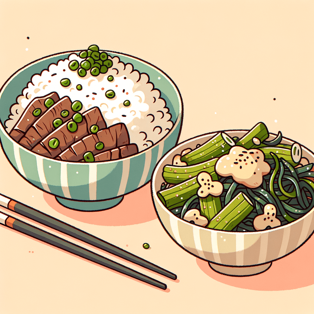 A ceramic bowl filled with steamed white rice topped with sliced marinated beef, mixed sautéed mushrooms, and chopped green onions, alongside another bowl of chopped okra and seaweed salad sprinkled with sesame seeds and a small dollop of grated ginger.