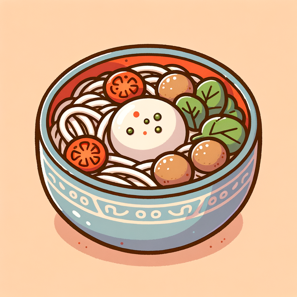 A ceramic bowl filled with thin white rice noodles in clear broth, topped with meatballs, tomato wedges, and spinach leaves, with broth soaking the ingredients.