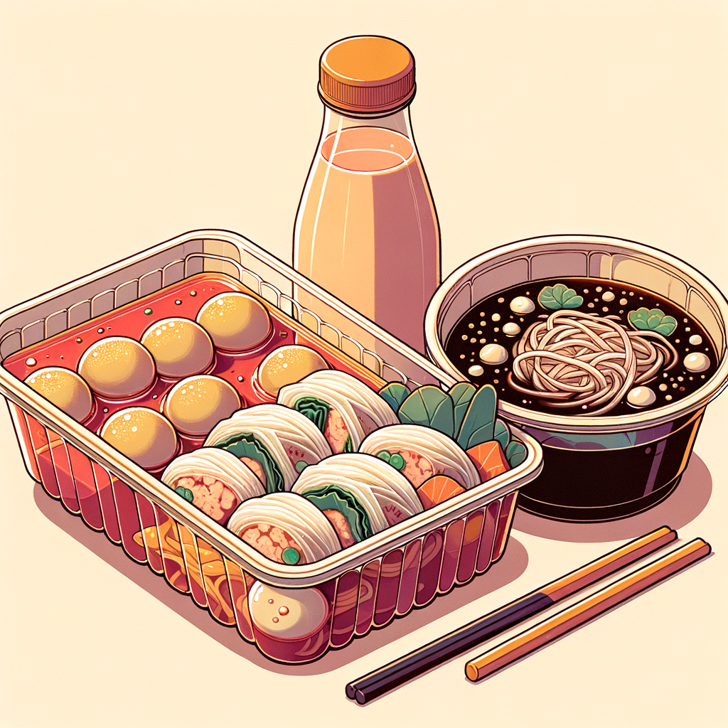 Three clear takeout containers arranged together: one filled with golden fish balls swimming in a spicy red broth, another holding translucent rice noodle rolls layered with minced pork, lettuce, and bean sprouts drizzled in dark soy sauce, and beside them a small plastic bottle of pale soy milk and a lidded bowl of deep black sesame soup.