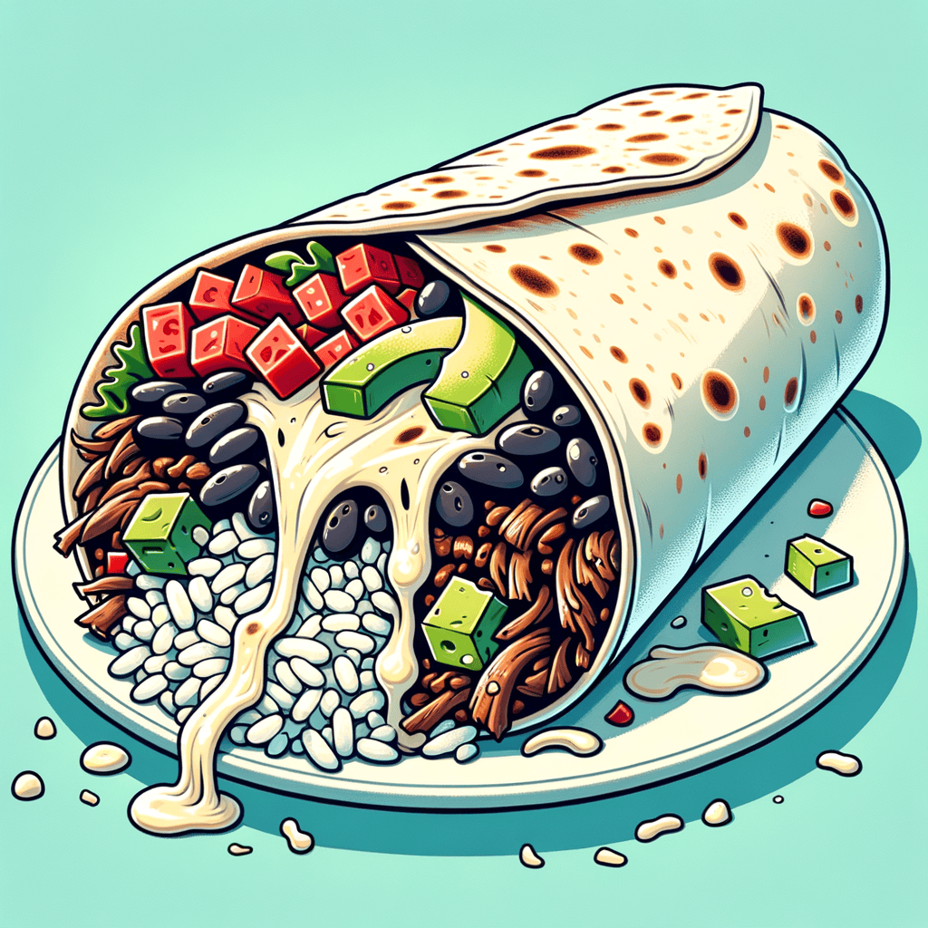 A flour tortilla burrito sliced open to reveal shredded beef, black beans, white rice, diced avocado, tomato pieces, and melted cheese spilling out, served on a white plate.