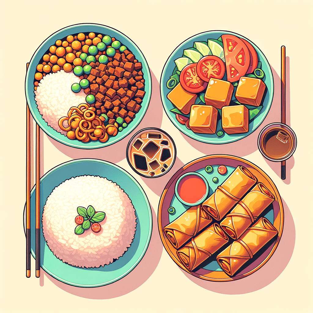 A top-down view of two rice bowls topped with seasoned minced beef and green peas, a plate of six golden pan-fried spring rolls, a bowl of fresh tofu salad garnished with sliced tomatoes and scallions, and a glass of iced coffee.