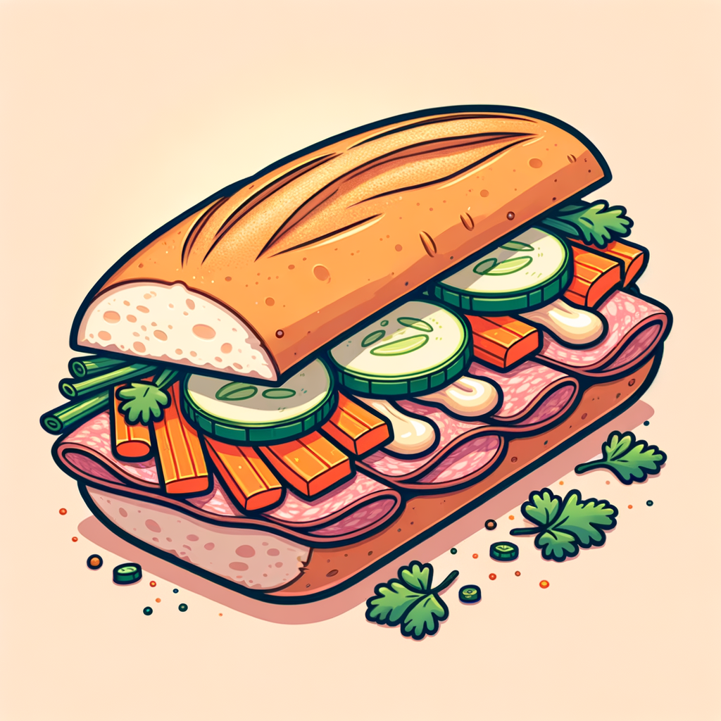 A half banh mi sandwich on a crusty baguette filled with slices of pork and salami, pickled carrot and daikon ribbons, cucumber slices, cilantro sprigs, and mayonnaise.