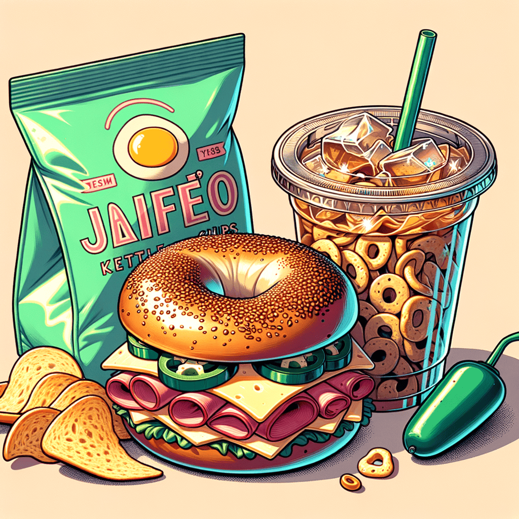A toasted bagel cut in half and filled with scrambled egg, melted cheese, and slices of cured meat, wrapped in foil; next to a small green bag of jalapeño kettle potato chips; and a clear pouch filled with iced coffee and a green straw.