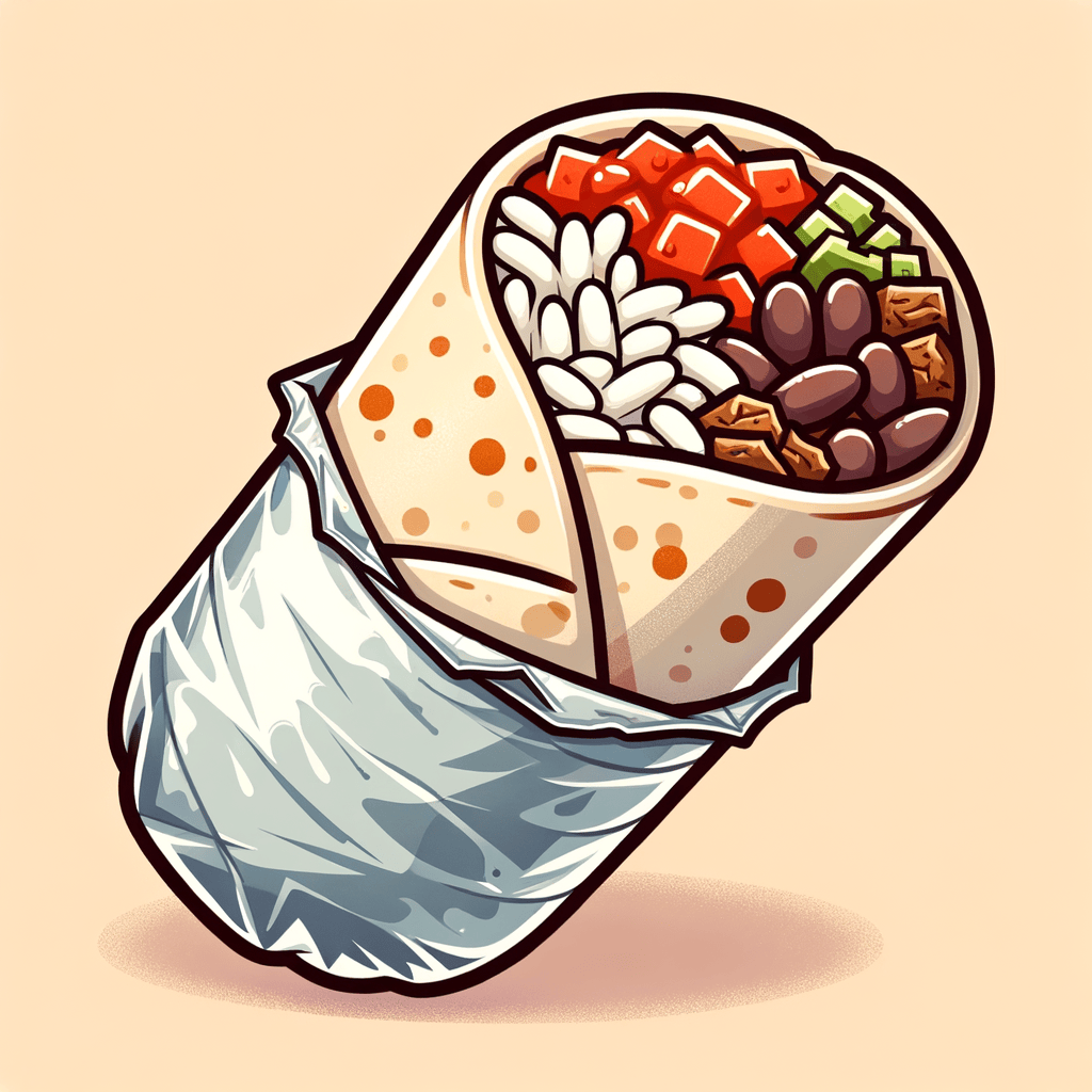 A partially unwrapped foil burrito revealing a soft flour tortilla tightly folded around visible layers of seasoned beef, white rice, black beans, and chunky tomato salsa, with the foil peeled back to showcase the filling.