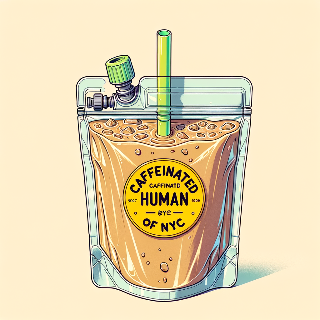 A clear, resealable plastic pouch filled halfway with light brown iced coffee, featuring a bright yellow sticker that reads 'Caffeinated Human of NYC', with a neon green straw inserted through the top.