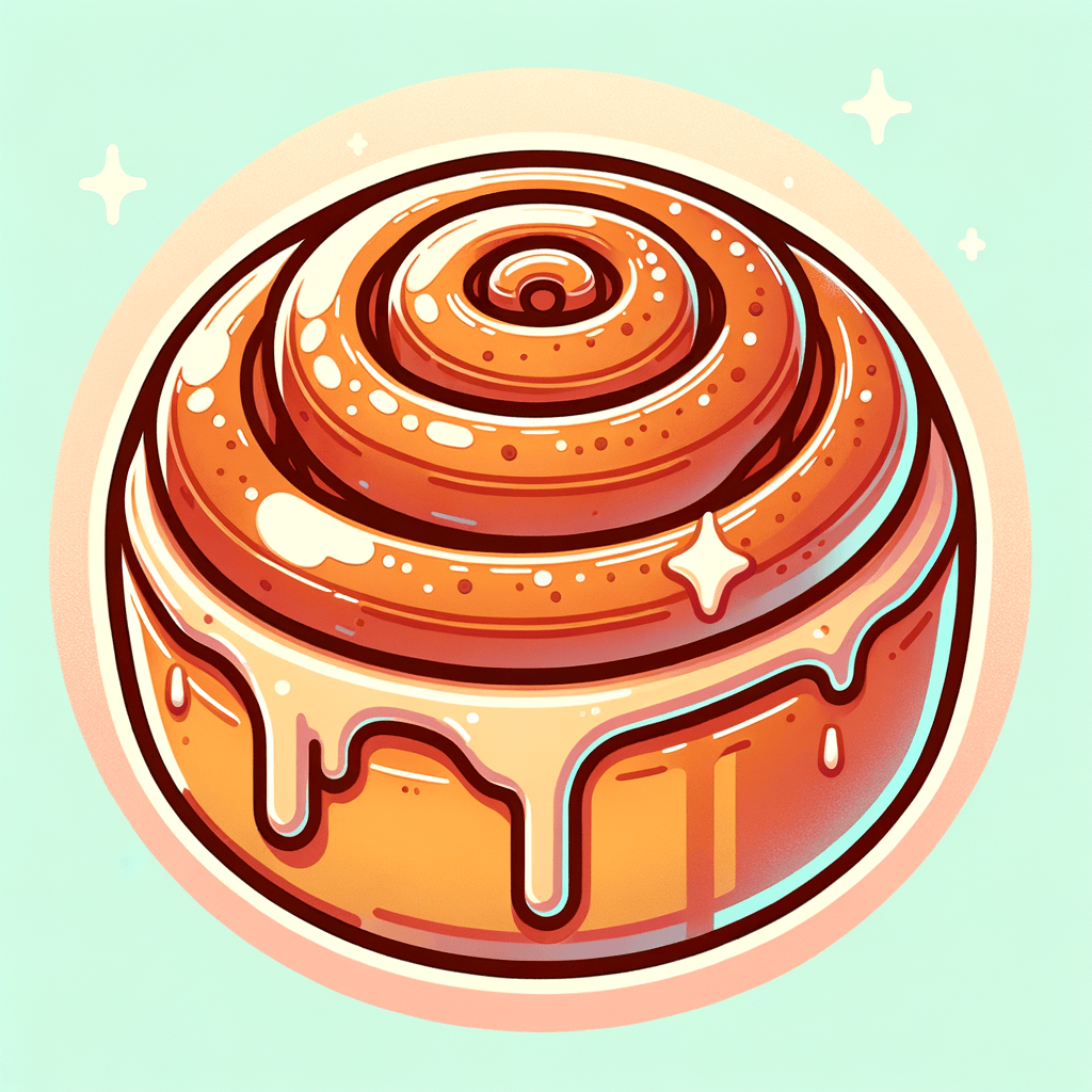 A single golden-brown cinnamon roll with swirling layers of cinnamon sugar, glistening slightly from a buttery glaze and dusted lightly with powdered sugar.