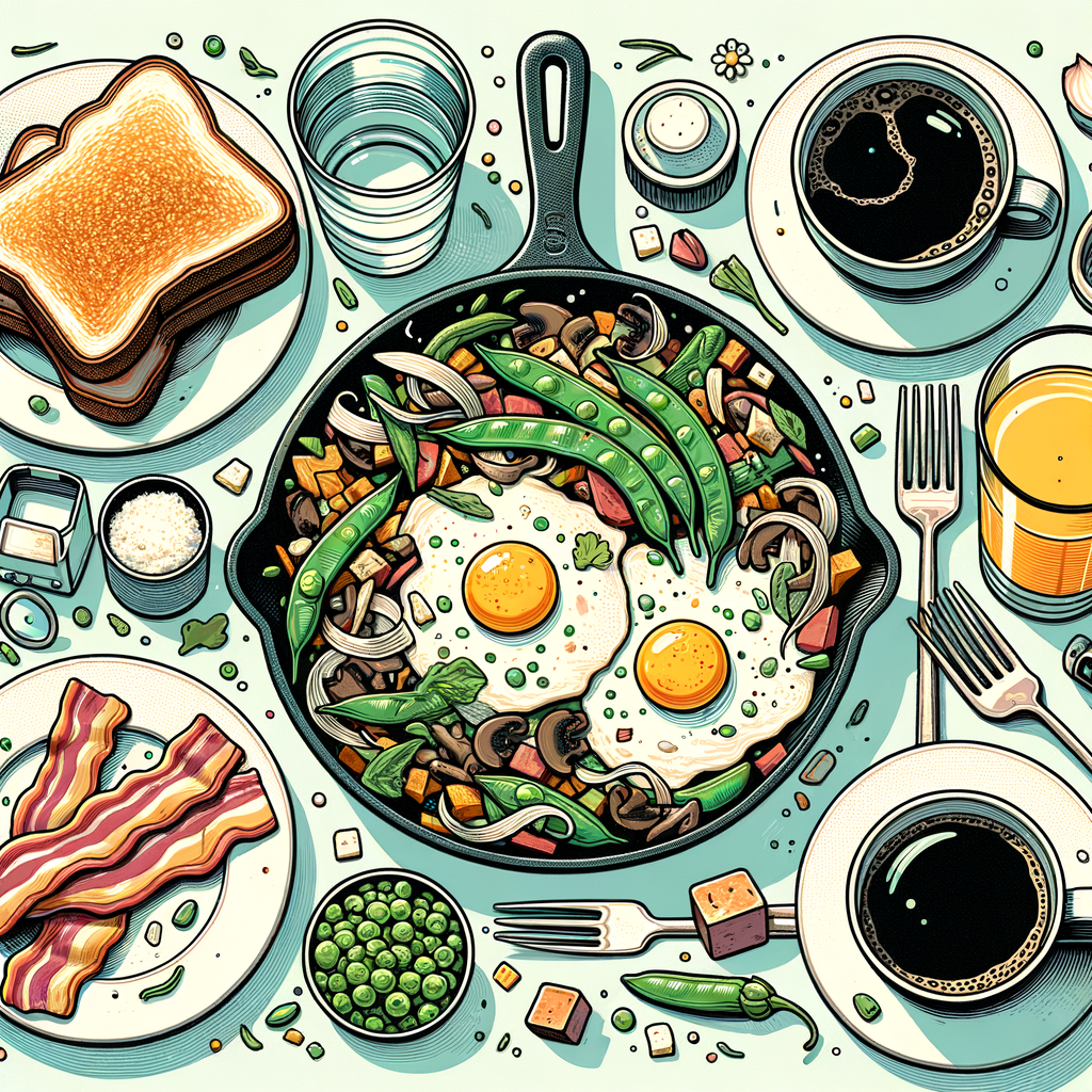 A cast-iron skillet filled with sautéed sugar snap peas, mushrooms, onions, and shredded meat topped with two sunny-side-up eggs drizzled with green herb sauce, accompanied by a slice of charred artisanal toast, three thick-cut pieces of crispy bacon on a small white plate, a tall iced glass of water, a cup of black coffee in a brown cup, and a small glass of bright orange juice.