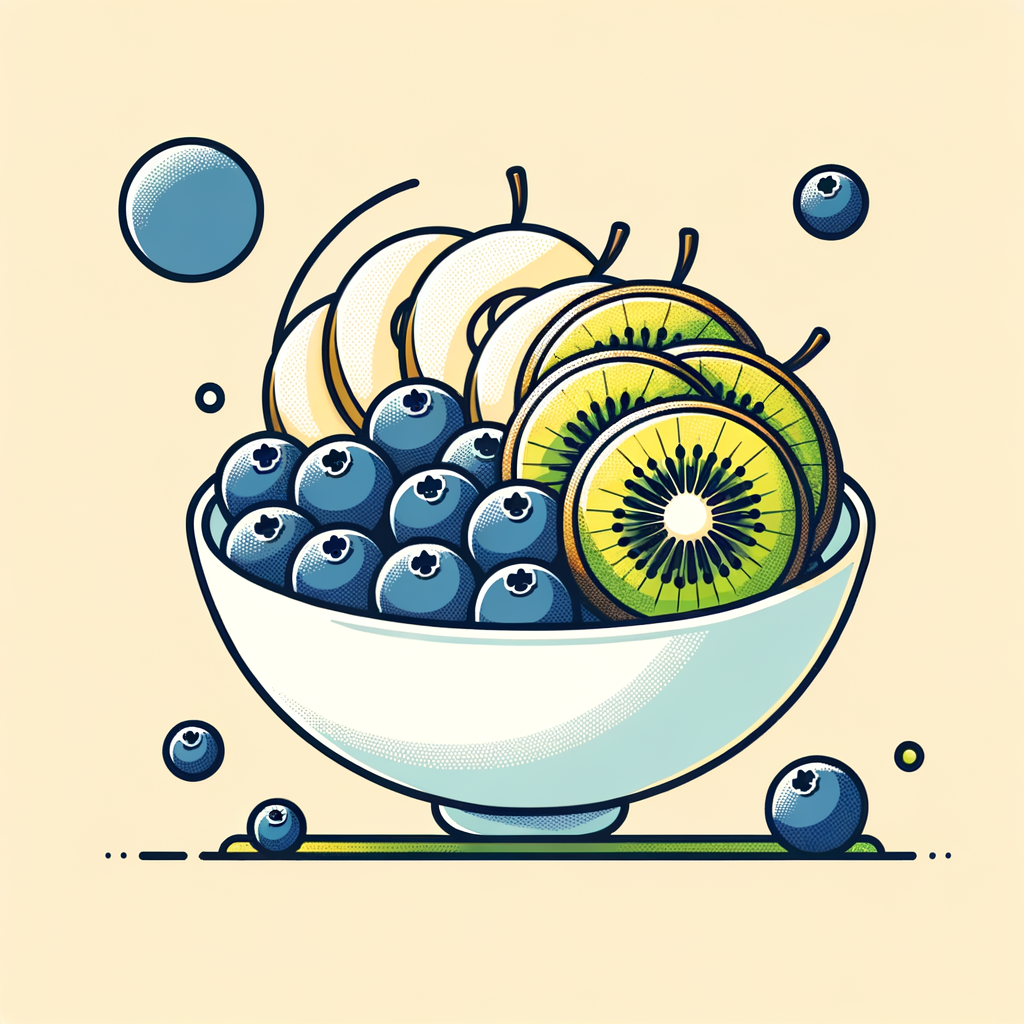 A bowl containing neatly arranged slices of golden yellow kiwi, a cluster of plump dark blueberries, and a few crisp white pear wedges.