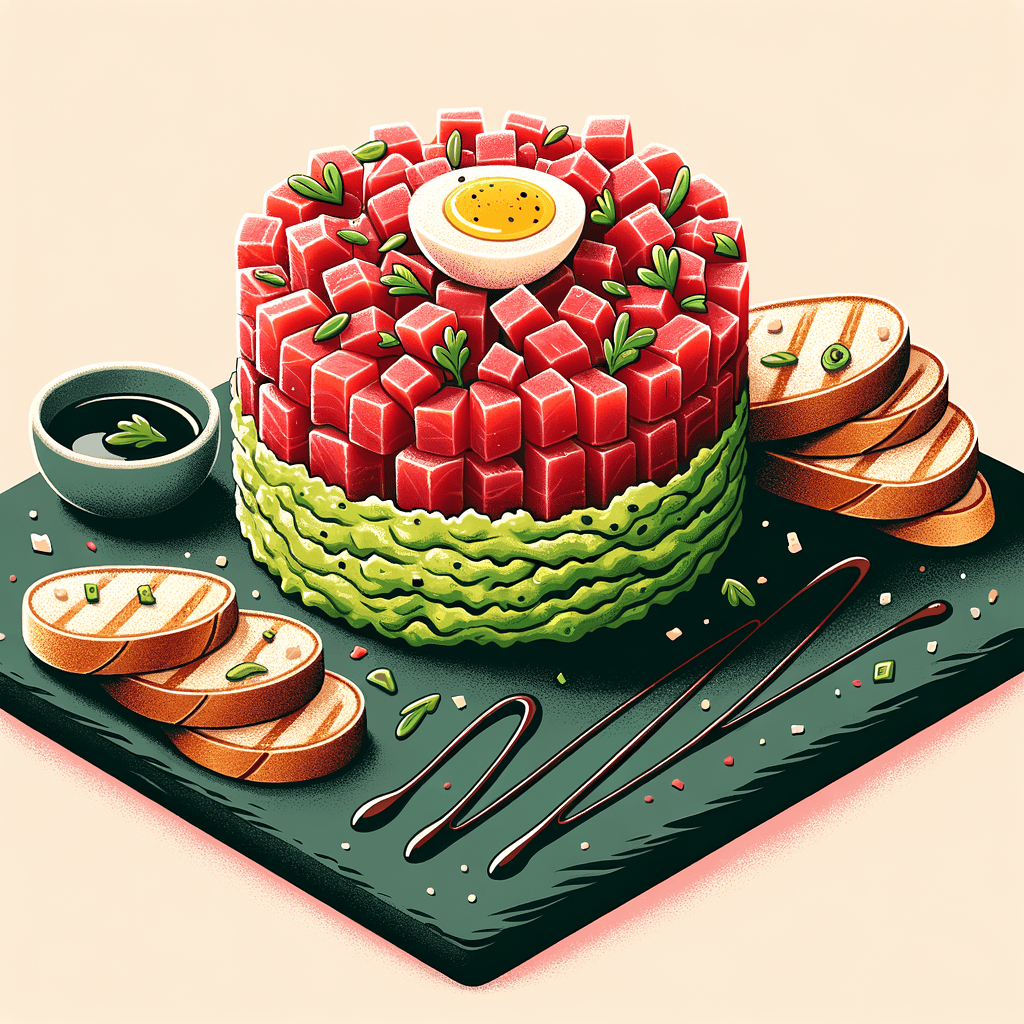 A round tower of finely diced raw red tuna perched on a layer of mashed green avocado, topped with chopped herbs and a small quail egg yolk in the center, all arranged on a rectangular dark slate board alongside fanned slices of toasted baguette and a zigzag of dark balsamic reduction.