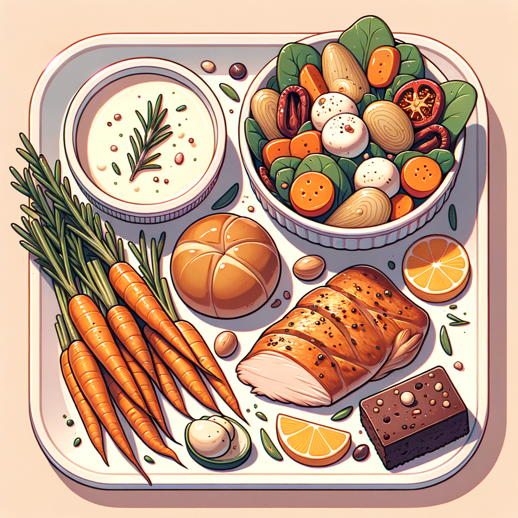 A white rectangular plate holding a slice of roasted chicken breast beside tender whole baby carrots and rosemary-seasoned fingerling potatoes, with a small ramekin of creamy sauce. Next to it, a white bowl of mixed greens topped with artichoke hearts, sun-dried tomato strips, and small mozzarella balls, accompanied by a soft dinner roll and a single chocolate brownie piece.