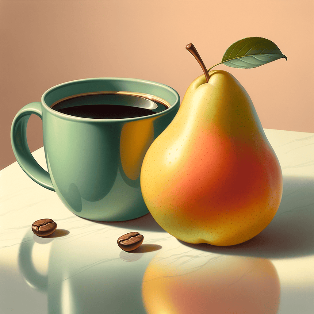 A light green ceramic mug filled with dark black coffee alongside a single ripe yellow-red pear resting on a marble surface.
