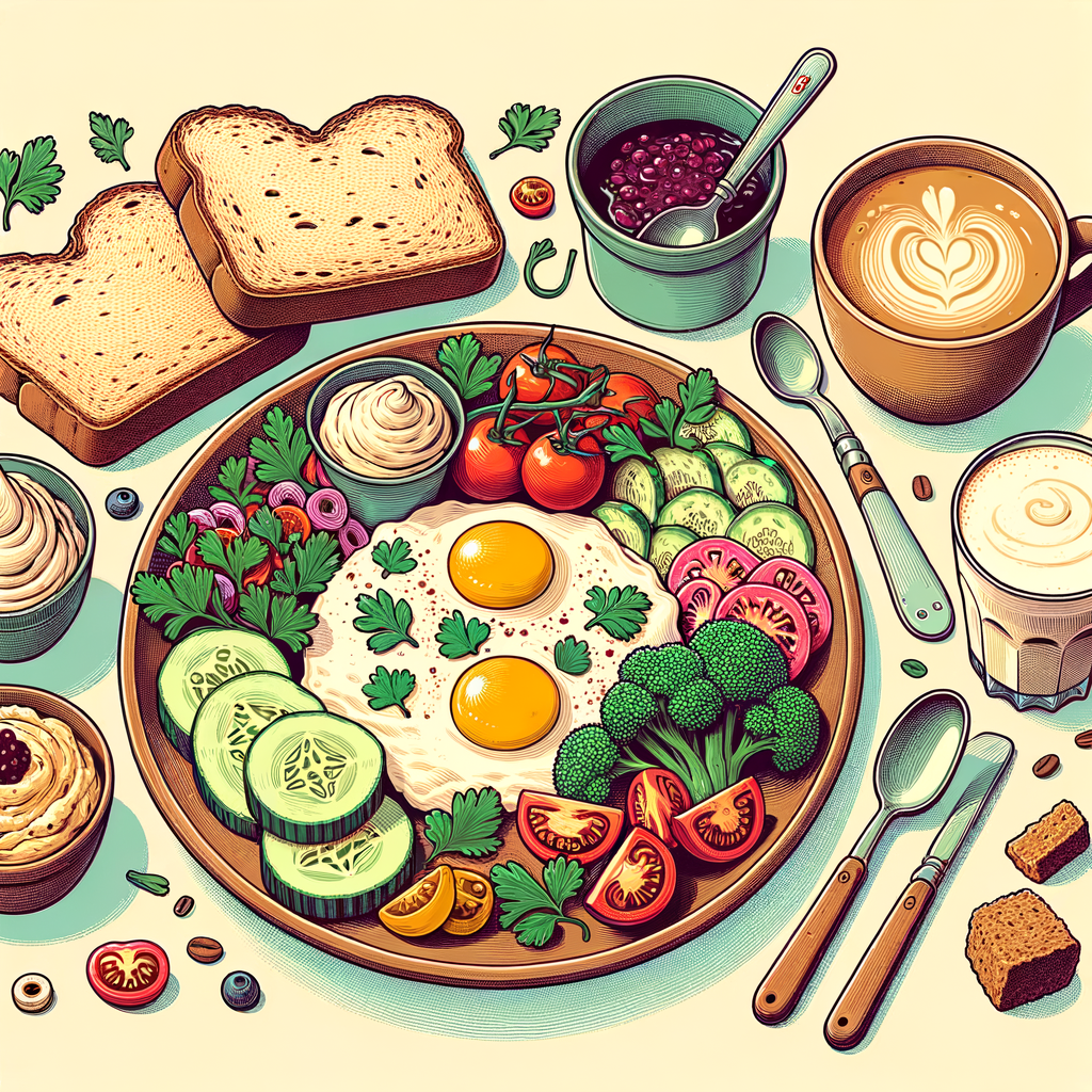 A round ceramic plate filled with fluffy scrambled eggs garnished with chopped parsley, next to a fresh salad of halved cherry tomatoes, sliced cucumber, and broccolini; accompanied by slices of rustic sourdough toast, a small bowl of creamy hummus, a jar of dark berry jam with a spoon, a tub of thick Greek yogurt with a spoon, and two glasses of creamy light-brown coffee.